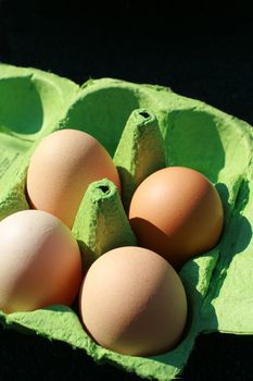 Four organic brown eggs in a green recycled egg box/carton.