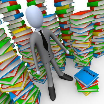 3d person with lots of books around him.