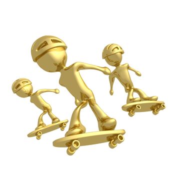 Three people on their skateboards.