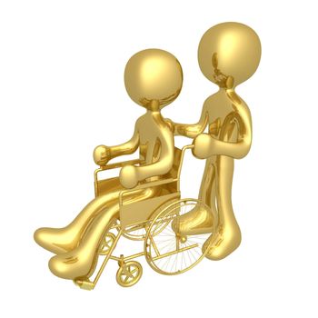 Person helping another person on a wheelchair.