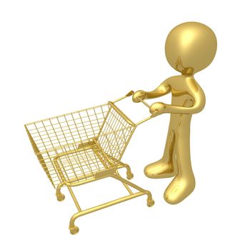 A 3d person with a shopping cart.