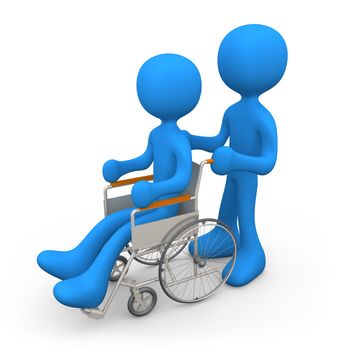 Person helping another person on a wheelchair.