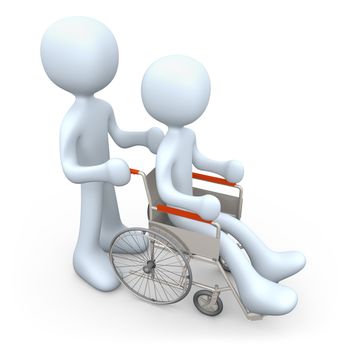 Person helping another person on a wheelchair.