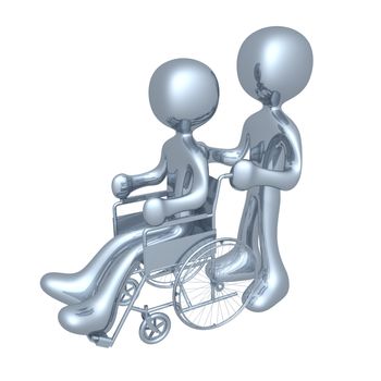 Person helping another person on a wheelchair.