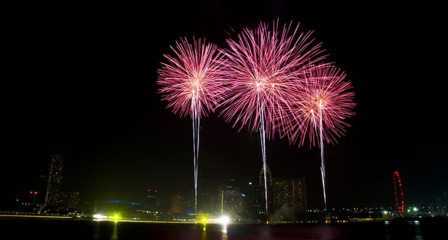 Locals and tourists gathering to celebrate the New Year in the city to view fireworks display fired from pontoons on the waters.