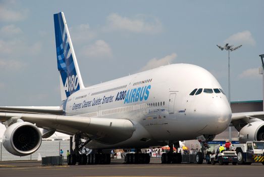 Airbus A380 at the static aircraft display area preparing to take off for fly pass.