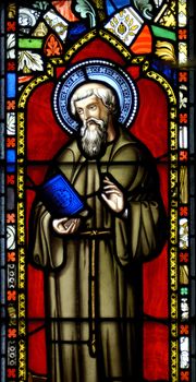 A stained glass window in the chapel on the Farne Islands, UK, depicting Saint Cuthbert.