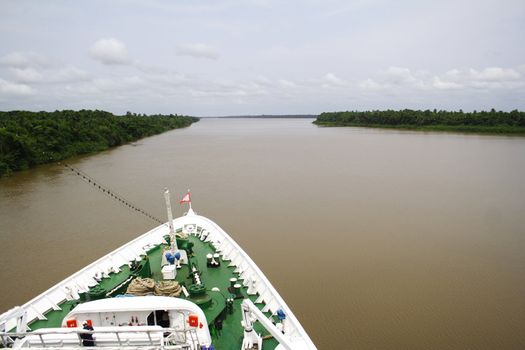 A cruise ship in the Amazon River, Brazil.