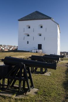 Christiansten Fortress stands on top of a hill, overlooking the city of Trondheim, Norway. 