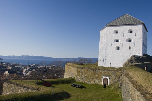 Christiansten Fortress stands on top of a hill, overlooking the city of Trondheim, Norway. 