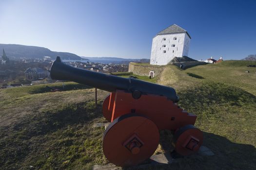 Christiansten Fortress stands on top of a hill, overlooking the city of Trondheim, Norway. 