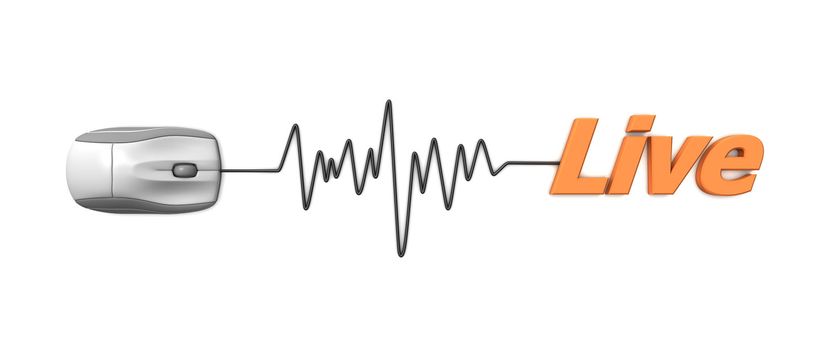 grey computer mouse connected to the orange word live via sine waveform cable