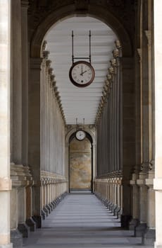 colonnade with clocks view in Karlovy Vary
