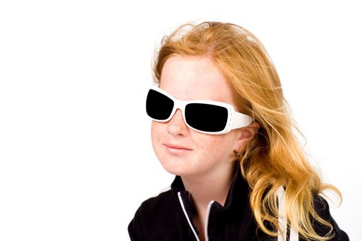 young girl is wearing  white sunglasses isolated