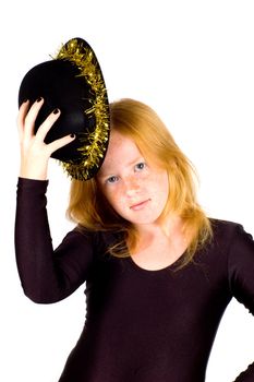 girl is wearing a black hat with golden streamer isolated on white