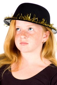 girl is wearing a black hat with golden streamer isolated on white