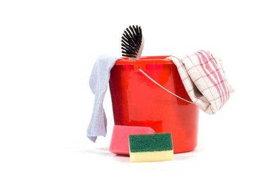 red bucket with cleaning tools  isolated on white