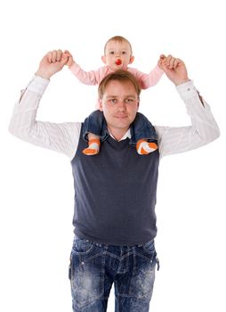 Happy Father holding baby on shoulders isolated on white