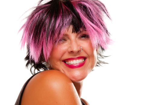 Pink And Black Haired Girl with Nose Ring Smiling Isolated on a White Background.