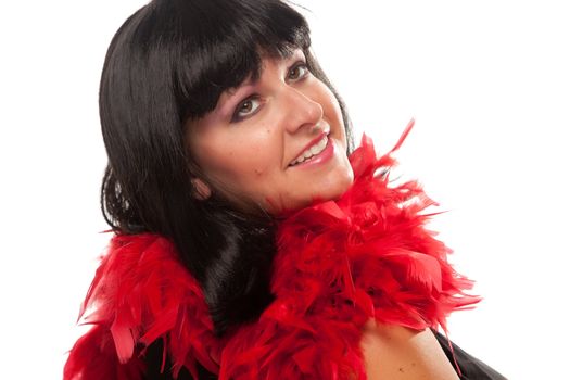 Pretty Girl Smiling with Red Feather Boa Isolated on a White Background.