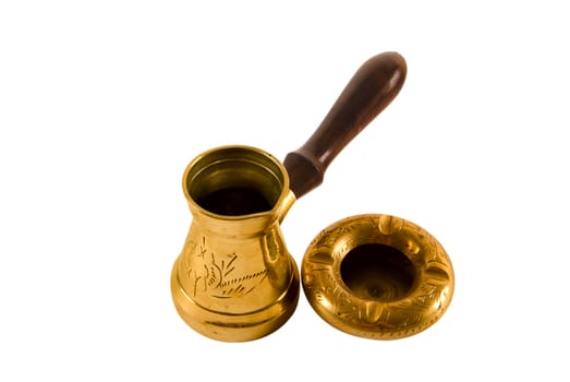 Traditional arab coffee maker and ash tray on white background