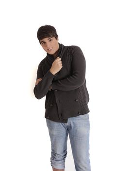 young teenager male in studio, white background, brown hair, trash blue jean