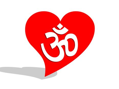 White aum / om in a big red heart and its shadow in a white background