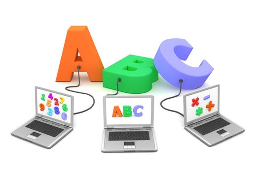 three laptops with different letters, numbers and symbols on the screen are connected to the colourful 3D letters ABC