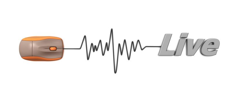 orange computer mouse connected to the grey word live via sine waveform cable