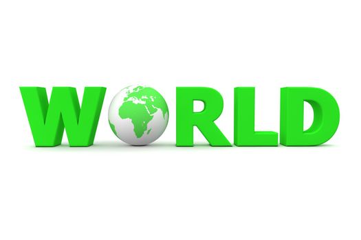 green word World with 3D globe replacing letter O