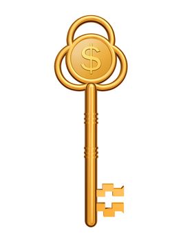 3d golden key with dollar symbol isolated