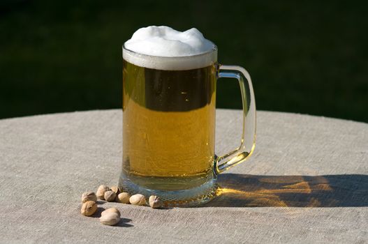 Full mug with beer on a table covered with a cloth and pistachios