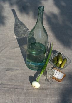 Vodka bottle, wine-glass, sandwich with fat, a bulb and the pickles, typical components of Russian feast.