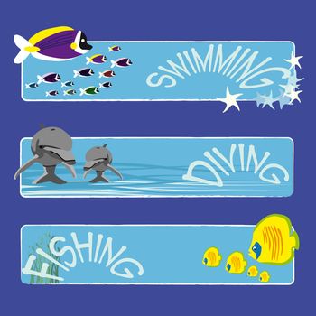 three tropical fish banners no text indicate sea world creatures
