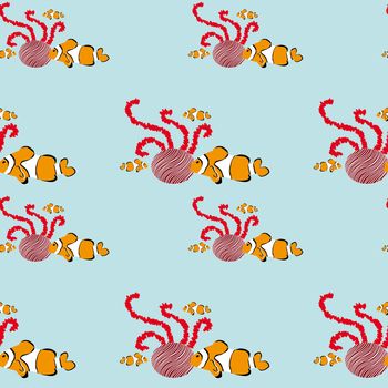 seamless colorful clownfish pattern with a piece of coral reef 
