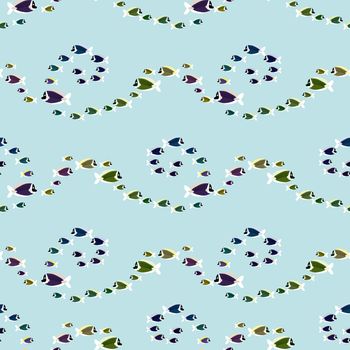 seamless colorful curly little fish pattern following each other
