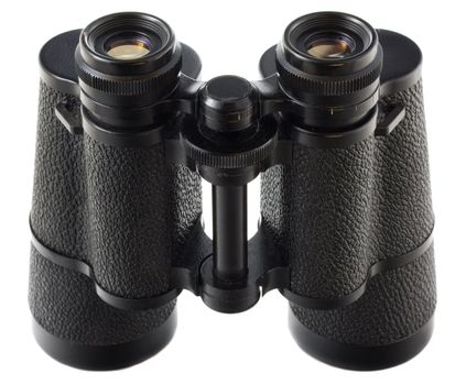 old German binoculars with some scratches  isolated on white, focus on top
