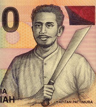 Kapitan Pattimura on 1000 Rupiah 2000 Banknote from Indonesia. Muslim Ambonese soldier who led a rebellion against Dutch forces on Saparua near Ambon in Maluku. In december 1817 he was hanged.