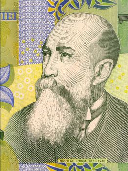 Nicolae Iorga on 1 Leu 2005 Banknote from Romania.  Historian, poet, playwright, memorialist, university professor, and politician.