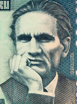 Cesar Vallejo on 10000 Indis 1988 Banknote from Peru. Famous Peruvian poet.