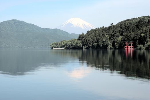 mount fuji and hakone shrine from lake ashi at moto-hakone with hdri technic