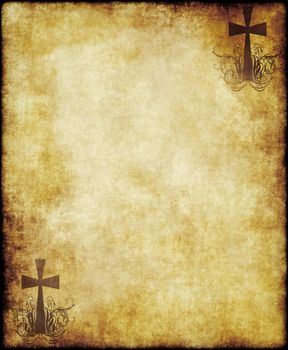 christian cross on old paper or parchment background texture