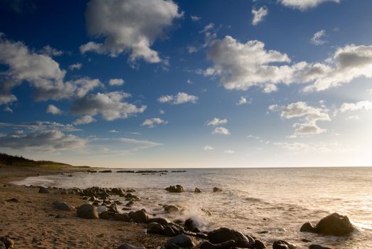 It is sunset of beautiful coral reef coastline.