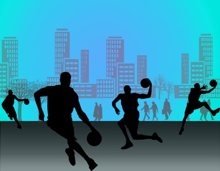 Silhouette of basketball players with street background of city
