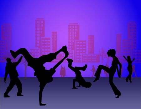 Silhouette of street dancers with the background of city