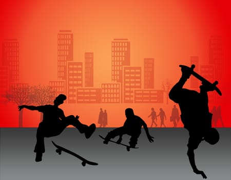 Skateboard boy silhouette background of city
