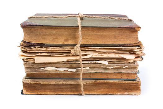 An old book with a crumpled sheet and hardcover isolated on white background