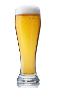 Fresh glass of pils beer with froth and condensed water pearls isolated on white background 

