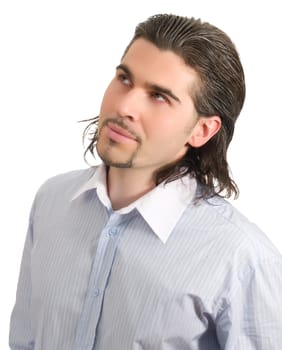 Young dark haired caucasian man in light blue striped shirt looking up isolated on white