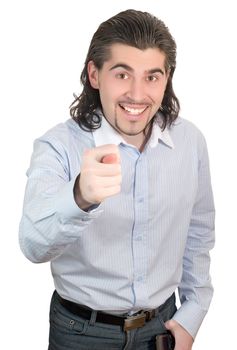 Young dark haired caucasian man in light blue striped shirt gives the fig, a gesture of contempt isolated on white